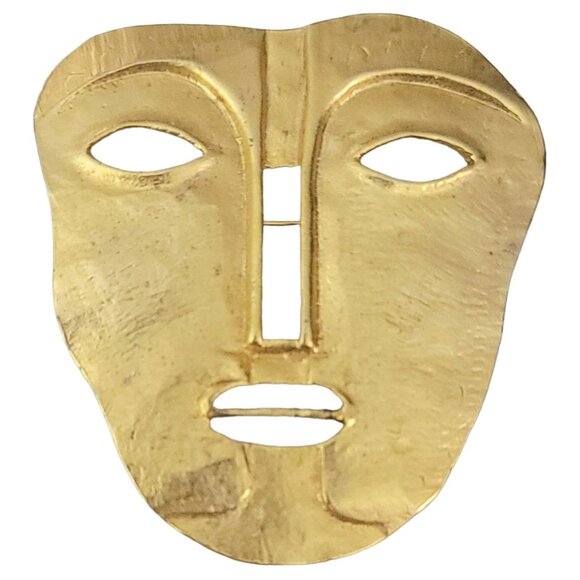 Maxine Denker Matte Gold Tone Tribal Face Mask Brooch, Unsigned - Picture 8 of 8